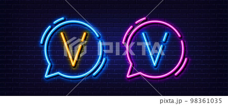 Initial letter V icon. Neon light line effect. Line typography character sign. Large first font letter. Glowing neon light speech bubble. Letter V glow 3d line. Brick wall banner. Vector Initial letter V icon. Neon light line effect. Line typography character sign. Large first font letter. Glowing neon light speech bubble. Letter V glow 3d line. Brick wall banner. Vector 98361035