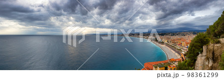 Sandy Beach by Historic City of Nice, France. Castle Hill Sandy Beach by Historic City of Nice, France. Castle Hill 98361299