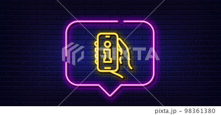 Neon light speech bubble. Info app line icon. Hand hold phone sign. Cellphone with screen notification symbol. Neon light background. Info app glow line. Brick wall banner. Vector 98361380