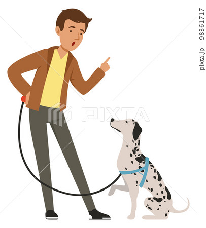 Young man shouting at dog. Cartoon dalmatian owner Young man shouting at dog. Cartoon dalmatian owner 98361717