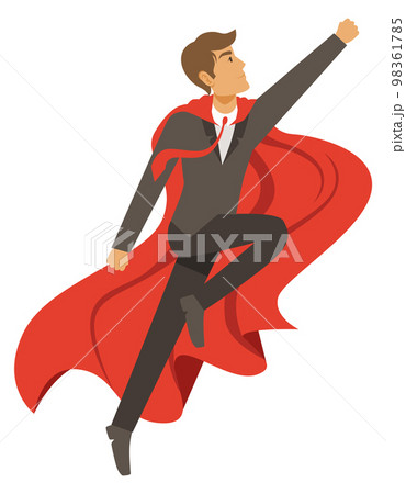 Cartoon businessman superhero mascot. Powerful man in red cape Cartoon businessman superhero mascot. Powerful man in red cape 98361785