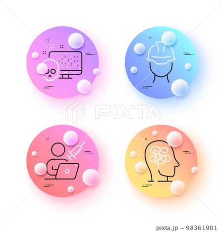 Foreman, Stress and Vaccination appointment minimal line icons. 3d spheres or balls buttons. Cyber attack icons. For web, application, printing. Engineer person, Mind anxiety, Online schedule. Vector 98361901