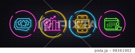 Loyalty points, Euro rate and Card minimal line icons. Neon laser 3d lights. Accounting icons. For web, application, printing. Bonus coupon, Currency trade, Mobile payment. Schedule report. Vector 98361902