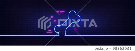 Neon light glow effect. Dog bone line icon. Pets food sign. Pet feeding symbol. 3d line neon glow icon. Brick wall banner. Dog bone outline. Vector 98362031