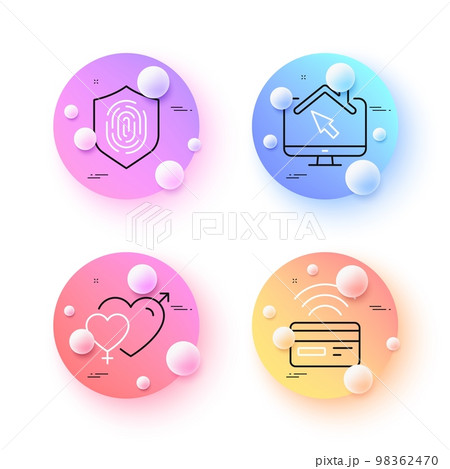 Contactless payment, Work home and Fingerprint minimal line icons. 3d spheres or balls buttons. Male female icons. For web, application, printing. Credit card, Freelance work, Biometric scan. Vector 98362470
