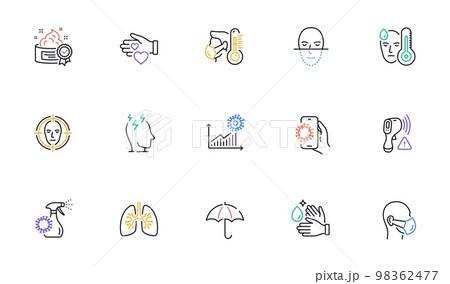 Wash hands, Stress and Medical mask line icons for website, printing. Collection of Face detect, Electronic thermometer, Face recognition icons. Umbrella, Volunteer, Sick man web elements. Vector 98362477