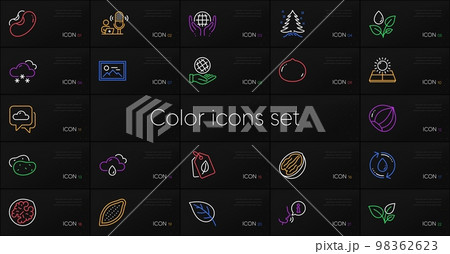 Set of Bio tags, Photo and Refill water line icons. Include Plants watering, Organic tested, Safe planet icons. Macadamia nut, Weather forecast, Cocoa nut web elements. Leaves, Sun energyLeaf. Vector 98362623