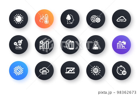 Minimal set of Face biometrics, Seo gear and Stress flat icons for web development. Decreasing graph, Education, Coronavirus icons. Cloud server, Sunny weather, Quick tips web elements. Vector Minimal set of Face biometrics, Seo gear and Stress flat icons for web development. Decreasing graph, Education, Coronavirus icons. Cloud server, Sunny weather, Quick tips web elements. Vector 98362673