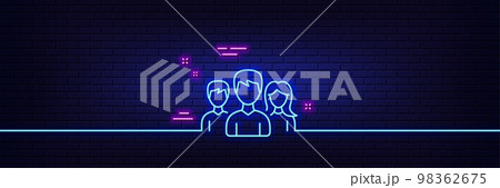 Neon light glow effect. Group line icon. Users or Teamwork sign. Male and Female Person silhouette symbol. 3d line neon glow icon. Brick wall banner. Teamwork outline. Vector 98362675