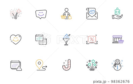 Discounts ribbon, Ice cream and Love letter line icons for website, printing. Collection of Puzzle, Calendar, Smile chat icons. Candy, Buyer, Journey web elements. Fireworks stars. Vector 98362676