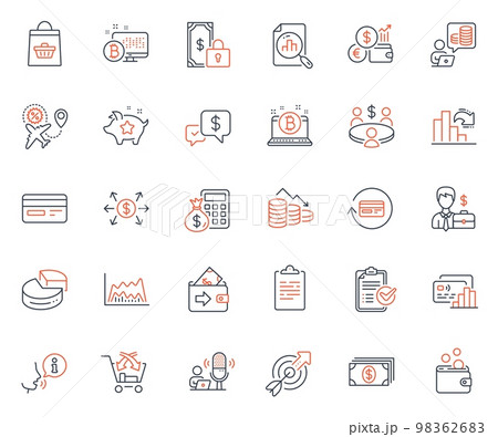 Finance icons set. Included icon as Decreasing graph, Businessman case and Cross sell web elements. Currency rate, Trade chart, Credit card icons. Private payment, Survey checklist. Vector 98362683