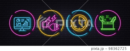 Time, Analytics graph and Electricity plug minimal line icons. Neon laser 3d lights. Creativity concept icons. For web, application, printing. Clock, Growth report, Electric energy. Vector Time, Analytics graph and Electricity plug minimal line icons. Neon laser 3d lights. Creativity concept icons. For web, application, printing. Clock, Growth report, Electric energy. Vector 98362725