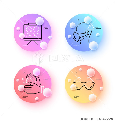 Medical mask, Wash hands and Eyeglasses minimal line icons. 3d spheres or balls buttons. Vision board icons. For web, application, printing. Face respirator, Soap washing, Optometry. Eye check. Vector Medical mask, Wash hands and Eyeglasses minimal line icons. 3d spheres or balls buttons. Vision board icons. For web, application, printing. Face respirator, Soap washing, Optometry. Eye check. Vector 98362726