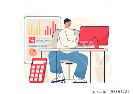 Accounting concept for web banner. Man bookkeeper studying financial statistics, company profit or business date modern person scene. Vector illustration in flat cartoon design with people characters 98363129