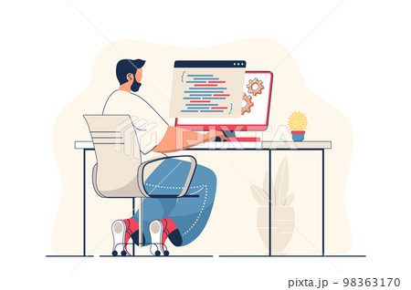 Programmer working concept for web banner. Man work with code and programming at computer, creates software modern person scene. Vector illustration in flat cartoon design with people characters 98363170