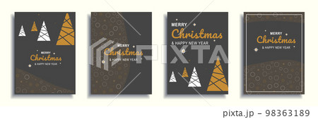 Merry Christmas and New Year 2022 brochure covers set. Xmas minimal banner design with white or gold festive trees with abstract pattern borders. Vector illustration for flyer, poster or greeting card Merry Christmas and New Year 2022 brochure covers set. Xmas minimal banner design with white or gold festive trees with abstract pattern borders. Vector illustration for flyer, poster or greeting card 98363189