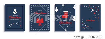 Merry Christmas and New Year 2022 brochure covers set. Xmas minimal banner design with festive trees, red bows and socks at blue background. Vector illustration for flyer, poster or greeting card 98363195