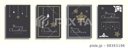 Merry Christmas and New Year 2022 brochure covers set. Xmas minimal banner design with hanging stars and festive trees at dark background. Vector illustration for flyer, poster or greeting card 98363196