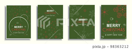 Merry Christmas and New Year 2022 brochure covers set. Xmas minimal banner design with snowflakes pattern and borders on green background. Vector illustration for flyer, poster or greeting card 98363212