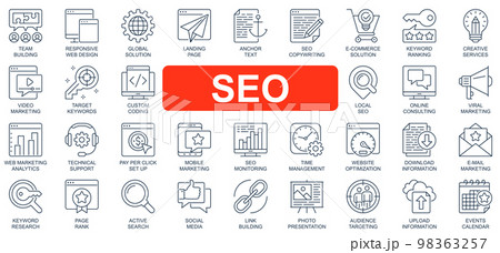 SEO concept simple line icons set. Bundle of optimization, solution, landing page, keyword, ranking, video marketing, target and other. Vector pack outline symbols for website or mobile app design 98363257