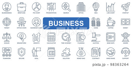 Business concept simple line icons set. Bundle of businessman, briefcase, presentation, startup, target, businesswoman, goal and other. Vector pack outline symbols for website or mobile app design 98363264