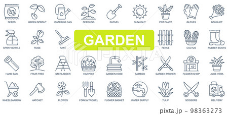 Garden concept simple line icons set. Bundle of green sprout, watering can, seedling, shovel, gloves, pot plant, harvest, supply and other. Vector pack outline symbols for website or mobile app design 98363273