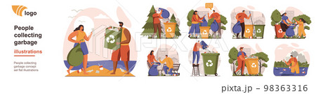 People collecting garbage concept isolated person situations. Collection of scenes with volunteers sort the trash into separate bins, protecting ecology. Mega set. Vector illustration in flat design 98363316
