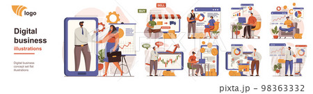 Digital business concept isolated person situations. Collection of scenes with people employees analyze financial data on stock chart, create strategy. Mega set. Vector illustration in flat design Digital business concept isolated person situations. Collection of scenes with people employees analyze financial data on stock chart, create strategy. Mega set. Vector illustration in flat design 98363332