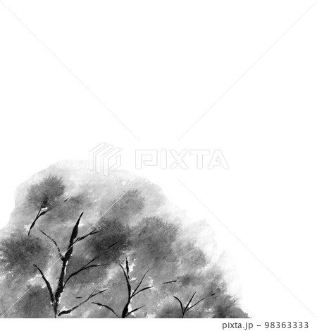 雨に打たれる木々のイメージ背景モノクロイラスト（墨の手描きイラスト） 98363333