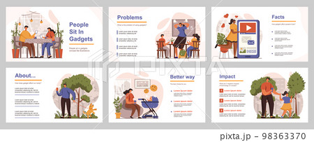 People sit in gadgets concept for presentation slide template. Men, women and kids spend time in smartphones, unhealthy habit and addiction. Vector illustration with flat persons for layout design 98363370