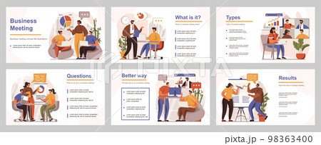 Business meeting concept for presentation slide template. People discuss at conference, make reports, team brainstorming, employees management. Vector illustration with flat persons for layout design 98363400