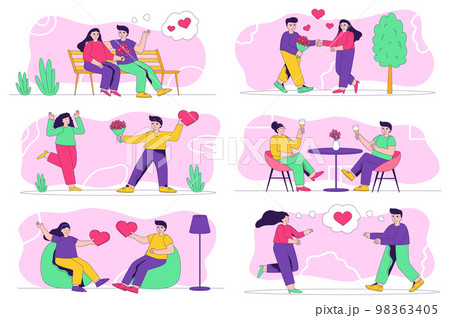 Valentines day concept isolated person situations. Collection of scenes with people confess their love, give gifts and hearts, couples on romantic dates. Mega set. Vector illustration in flat design Valentines day concept isolated person situations. Collection of scenes with people confess their love, give gifts and hearts, couples on romantic dates. Mega set. Vector illustration in flat design 98363405