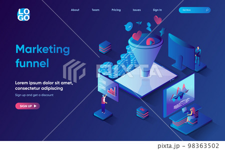 Marketing funnel concept isometric landing page. Team attracts new customers making purchases and generating sales, 3d web banner template. Vector illustration with people scene in flat design Marketing funnel concept isometric landing page. Team attracts new customers making purchases and generating sales, 3d web banner template. Vector illustration with people scene in flat design 98363502