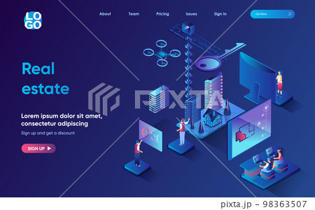 Real estate concept isometric landing page. Construction company develops house plans and building, buying new housing, 3d web banner template. Vector illustration with people scene in flat design Real estate concept isometric landing page. Construction company develops house plans and building, buying new housing, 3d web banner template. Vector illustration with people scene in flat design 98363507