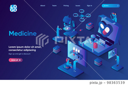 Medicine concept isometric landing page. Scientists develops medicines, does research in lab, pharmacy industry, healthcare 3d web banner template. Vector illustration with people scene in flat design 98363539