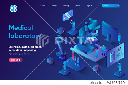 Medical laboratory concept isometric landing page. Team of scientists develops medicines, does medical research in lab, 3d web banner template. Vector illustration with people scene in flat design Medical laboratory concept isometric landing page. Team of scientists develops medicines, does medical research in lab, 3d web banner template. Vector illustration with people scene in flat design 98363540