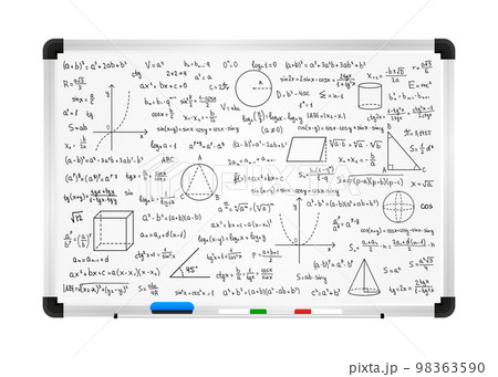Mathematics theory and mathematical formula on school blackboard. Handwritten symbols isolated on white canvas with hand drawn formulas used for school education and paperwork. Vector illustration. 98363590