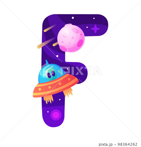 Space Letter F as Font and Alphabet Capital Bold Figure with Ufo Shuttle Vector Illustration 98364262