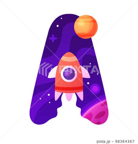 Space Letter A as Font and Alphabet Capital Bold Figure with Rocket Vector Illustration 98364367