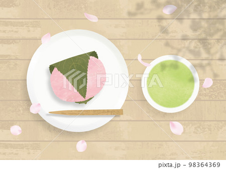 桜と桜餅と緑茶水彩画 98364369