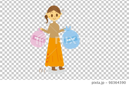 Illustration of a woman separating garbage and taking it to the garbage dump site Garbage problem 98364390
