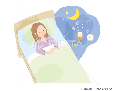 ベットでぐっすり眠る女性のイラスト素材 ベットでぐっすり眠る女性のイラスト素材 98364472