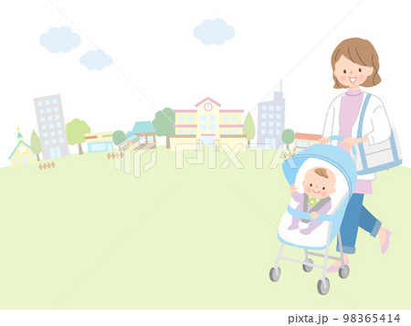 赤ちゃんを保育園に送り迎えをするワーキングママ 98365414