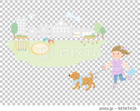 公園で犬の散歩をしている女の子 98365416