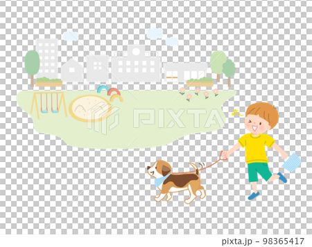 男孩在公園裡遛狗 98365417