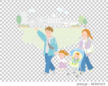 赤ちゃんをベビーカーに乗せてお出かけする4人家族 98365425
