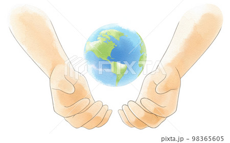 地球を包み込む・守る両手の水彩イラスト 地球を包み込む・守る両手の水彩イラスト 98365605