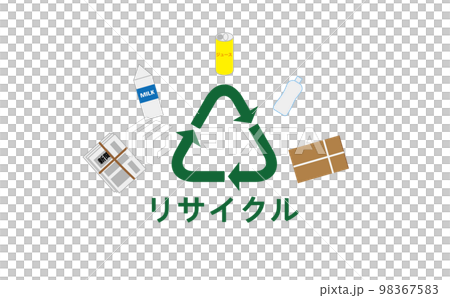 リサイクルマークの周りに資源ゴミが色々描かれているイラスト・リサイクル・再利用・ペットボトル リサイクルマークの周りに資源ゴミが色々描かれているイラスト・リサイクル・再利用・ペットボトル 98367583