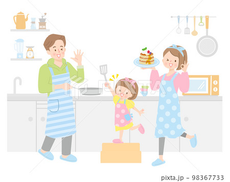 パンケーキを作るを3人の親子のベクターイラスト素材 98367733