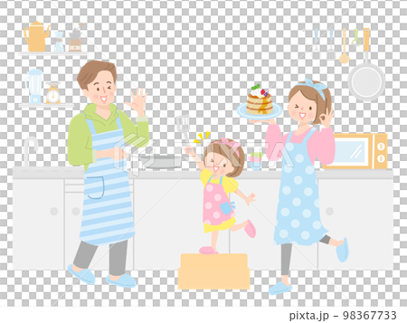 Vector illustration material of three parents and children making pancakes Vector illustration material of three parents and children making pancakes 98367733